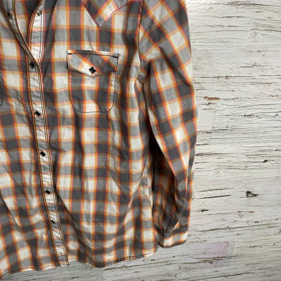 Wrangler brown red floral plaid blouse top size large western - Picture 5 of 14